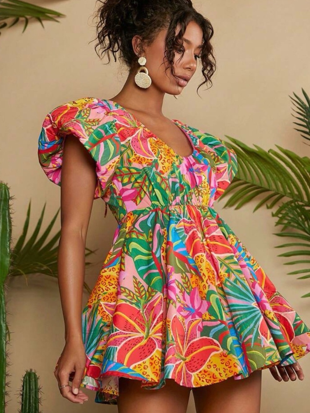 Vibrant Tropical Floral Mini Dress - Pink Multi